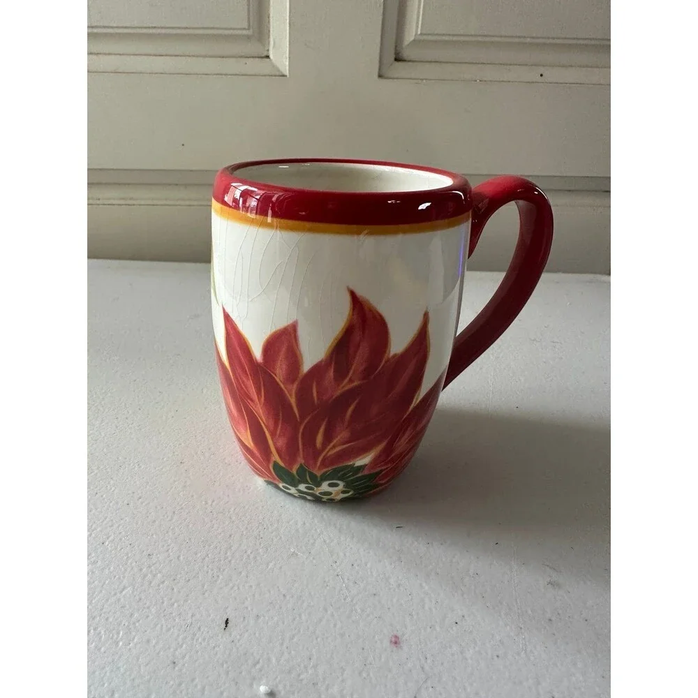 VTG Tabletops Unlimited Celebration Hand Painted Poinsettia Crackle Glazed Mug